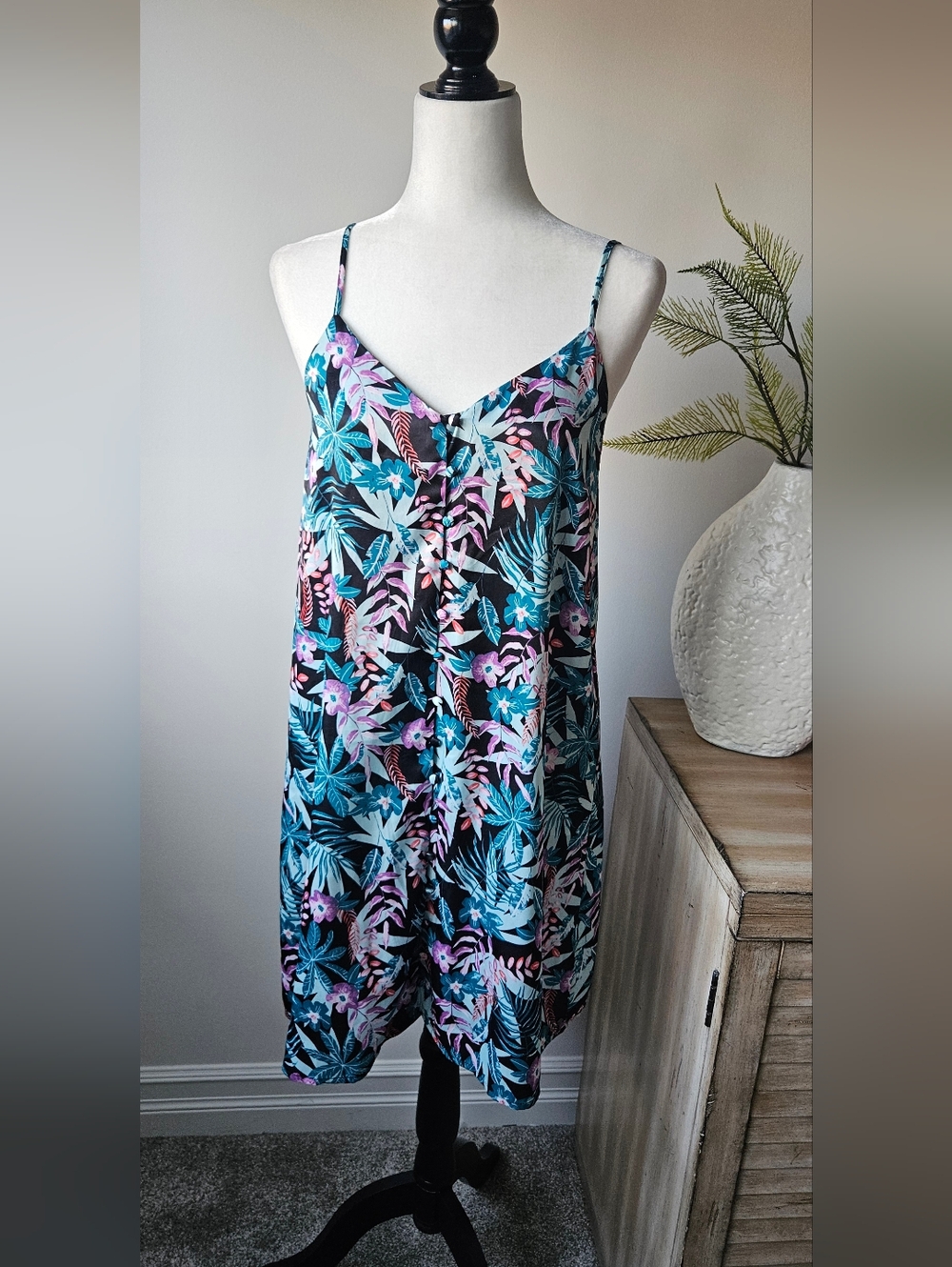 Ripzone Tropical Floral Slip Dress — Teal & Pink